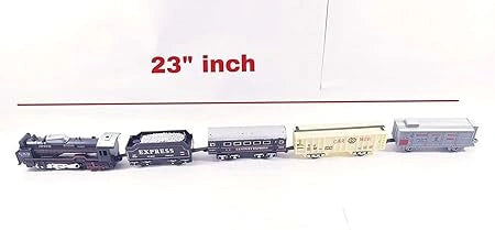 “Classic model train set with engine, 18 track pieces, light and sound features.”