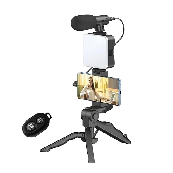 Tygot Vlogging Kit 6 in 1 for iPhone, Android (with Tripod), Mini LED + Cardioid Microphone + Phone Clip + Tripod for Live Broadcasting, Video Calling, Vlogging, YouTube, Instagram