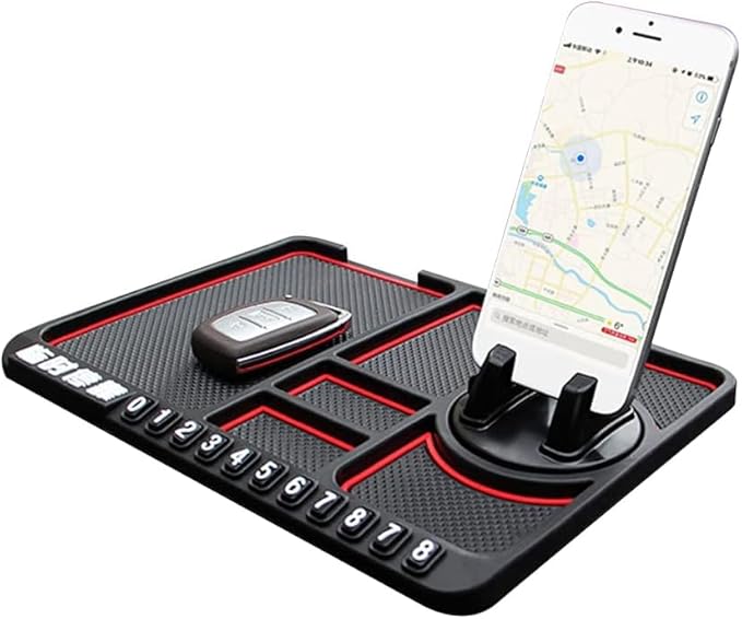 Car Anti-Slip Mat with Mobile Holder 4 in 1 Multifunctional Mobile Phone Mat 360° Rotatable for Dashboard Storage,Car Phone Holder Parking Number Plate