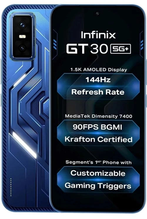 Infinix GT 30 5G Plus Cyber Blue smartphone with 8GB RAM and 128GB storage, powered by Dimensity 7400 processor, featuring 120FPS BGMI gaming and built-in gaming triggers.