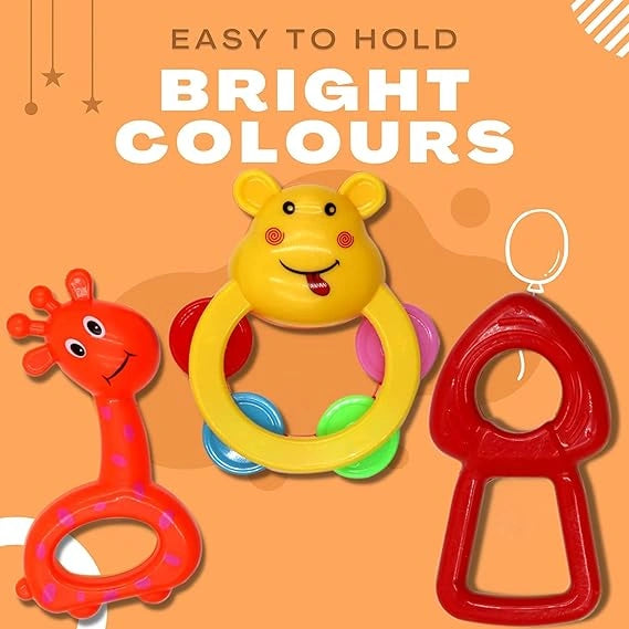 "Bright and colorful 4-piece baby rattle set, non-toxic musical playset for infants and toddlers, multicolored."