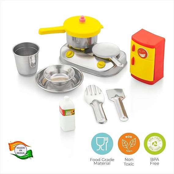 Sunny Junior Chef’s Stainless Steel Kitchen Set for Kids 3Y+ | Includes Gas Stove, Pressure Cooker & Fridge | Durable, Realistic & Safe Pretend Play Cooking Toy