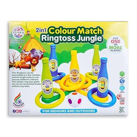 “2-in-1 Colour Match Ring Toss Game Set with jungle print target – fun and educational toy for kids to develop hand-eye coordination.”