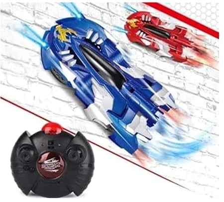 Multi-color Wall Climbing Remote Control Car with zero gravity racing, flashing lights, unbreakable metal face, and infrared remote control for kids.