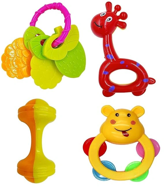 "Bright and colorful 4-piece baby rattle set, non-toxic musical playset for infants and toddlers, multicolored."