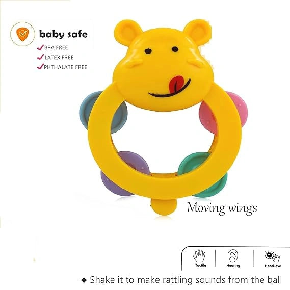 "Bright and colorful 4-piece baby rattle set, non-toxic musical playset for infants and toddlers, multicolored."
