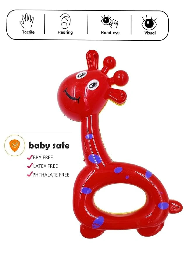 "Bright and colorful 4-piece baby rattle set, non-toxic musical playset for infants and toddlers, multicolored."