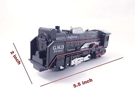 “Classic model train set with engine, 18 track pieces, light and sound features.”