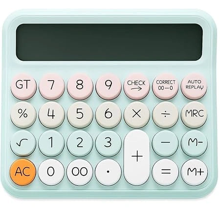 "Mechanical push button calculator with big round keys, 12-digit large LCD display, colorful candy blue design, dual power with auto sleep, suitable for office, school, and shop use."