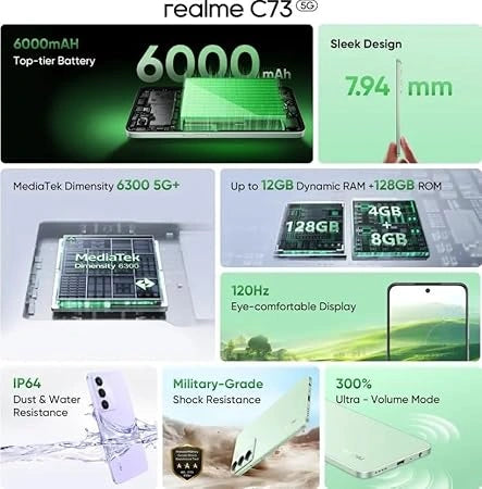 Realme C73 5G smartphone – 6.72-inch 120Hz display, Snapdragon processor, 5000mAh battery, 33W fast charging, dual camera – available at JJR Mobiles, Thoothukudi.