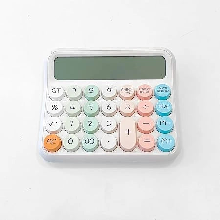 "Mechanical push button calculator with big round keys, 12-digit large LCD display, colorful candy blue design, dual power with auto sleep, suitable for office, school, and shop use."