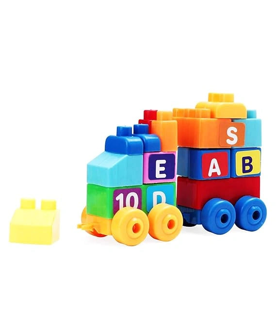 “SEEKHO The Learning Train Blocks Toy set with 26 multicolored pieces including wheels, alphabet and number stickers. Fun educational block toy for kids aged 3+.”