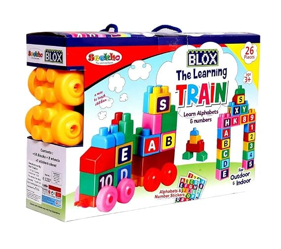 “SEEKHO The Learning Train Blocks Toy set with 26 multicolored pieces including wheels, alphabet and number stickers. Fun educational block toy for kids aged 3+.”