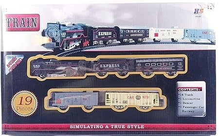 “Classic model train set with engine, 18 track pieces, light and sound features.”
