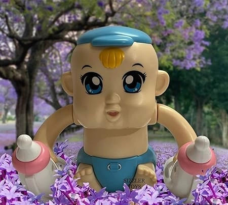 “Brightly colored voice-and sound-activated tumbling baby toy by Sizzler Toys. The toy has LED lights, musical sound modes, and rolls or flips in response to voice/sound. Designed for children aged 3 and above.”