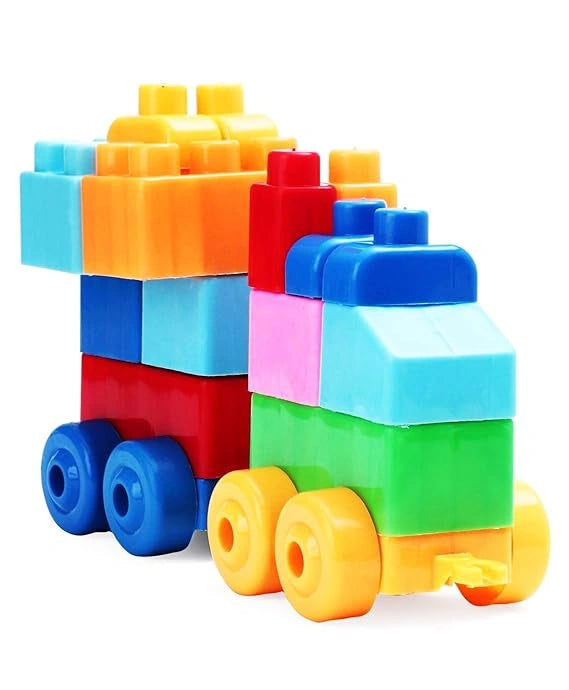 “SEEKHO The Learning Train Blocks Toy set with 26 multicolored pieces including wheels, alphabet and number stickers. Fun educational block toy for kids aged 3+.”