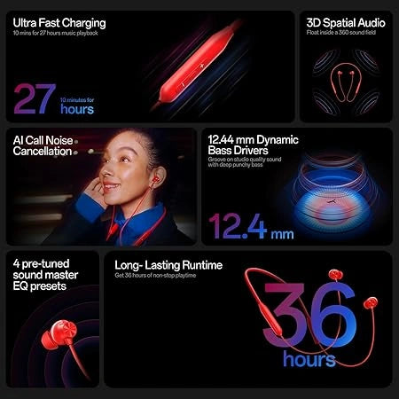 OnePlus Bullets Wireless Z3 in Ear Neckband with 12.4Mm Drivers, 3D Spatial Audio,10 Mins Charge for 27 Hrs Playback, AI Call Noise Cancellation, 4 EQ Preset, Dynamic Bass Enhancement & BT5.4,