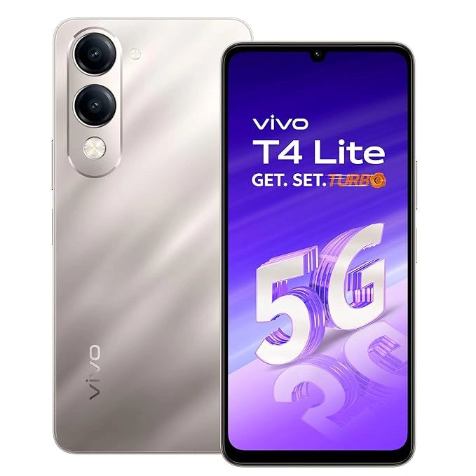 Vivo T4 Lite 5G smartphone in Titanium Gold with 4GB RAM and 128GB storage, offering sleek design and fast 5G performance.
