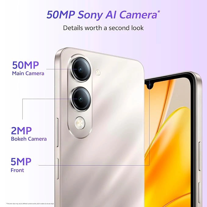 Vivo T4 Lite 5G smartphone in Titanium Gold with 4GB RAM and 128GB storage, offering sleek design and fast 5G performance.
