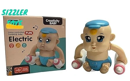 “Brightly colored voice-and sound-activated tumbling baby toy by Sizzler Toys. The toy has LED lights, musical sound modes, and rolls or flips in response to voice/sound. Designed for children aged 3 and above.”