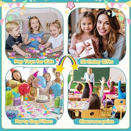 "Set of 10 colorful silicone pop keychain fidget toys for kids, stress relief and party bag fillers, perfect for birthdays, classroom rewards, and gifts."