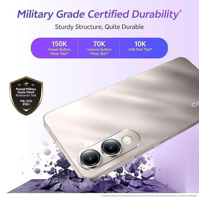 Vivo T4 Lite 5G smartphone in Titanium Gold with 4GB RAM and 128GB storage, offering sleek design and fast 5G performance.
