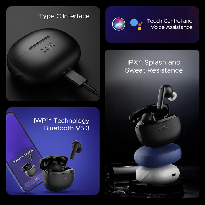boAt Airdopes 170 TWS in Ear Earbuds with 50H Playtime, Quad Mics Enx Tech, Low Latency Mode, 13Mm Drivers, ASAP Charge, Ipx4, Iwp, Touch Controls & Bt V5.3(Classic Black)
