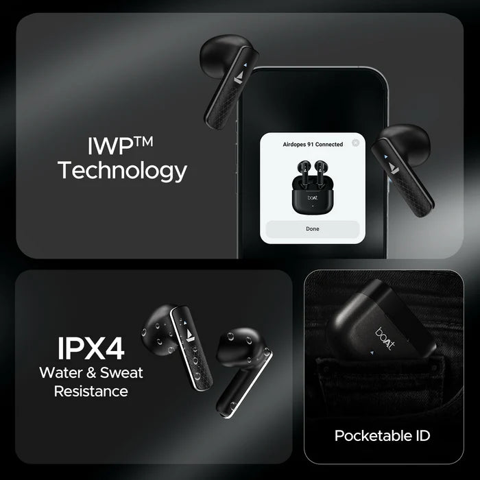 “Pair of boAt Airdopes 91 Prime TWS earbuds in Midnight Black, one placed in its matching charging case lid open, the other beside it; smooth matte-black finish, subtle brand logo, positioned on a soft neutral-tone surface.”