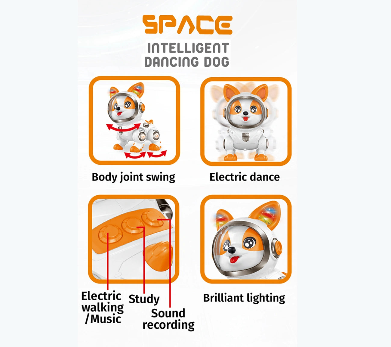 “DWI Intelligent Recording Robot Dog Toy – smart interactive dog with recording feature, music, lights, and swing dancing action for kids.”