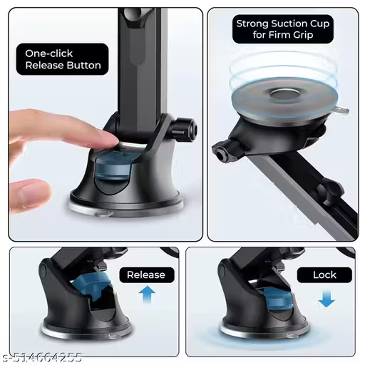 Mobile Holder for Car with Back Button Unlocking Mechanism, Strong Suction Cup, 360° Rotatable,Car Mobile Holder for Wildshield and Dashboard, Compatible with 4 to 7" Smartphone