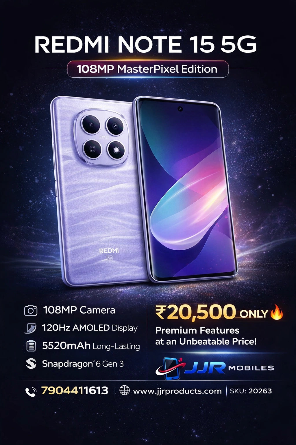 Redmi Note 15 5G (Mist Purple, 8GB RAM, 128GB Storage) | 108MP MasterPixel Edition | 120Hz AMOLED | Snapdragon 6 Gen 3