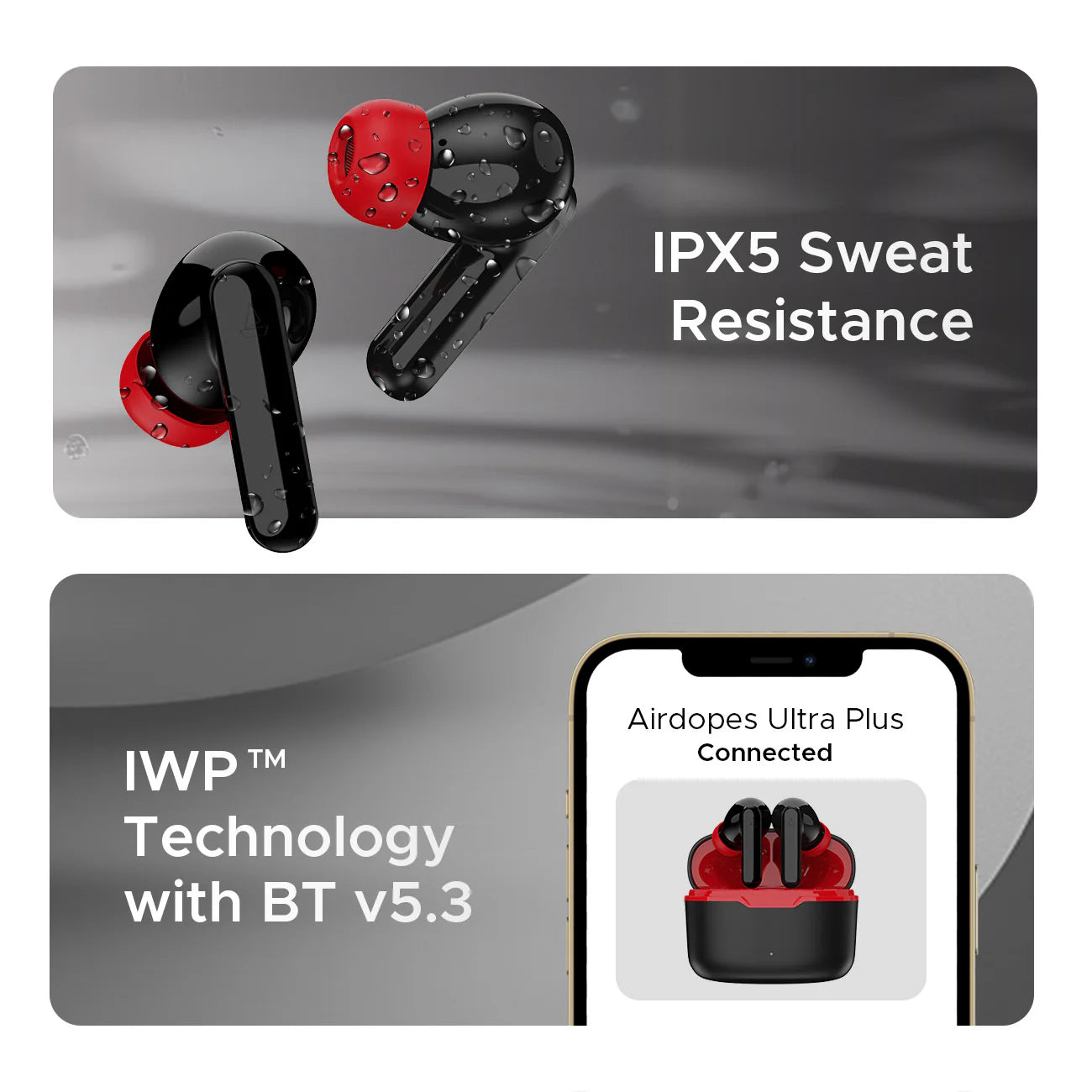 “boAt Airdopes Ultra Plus TWS earbuds in Midnight Black, one earbud inside a matching matte black charging case, the other lying beside it; sleek contours, soft gloss finish, minimalist design with subtle LED indicator, set on a clean light-grey surface.”